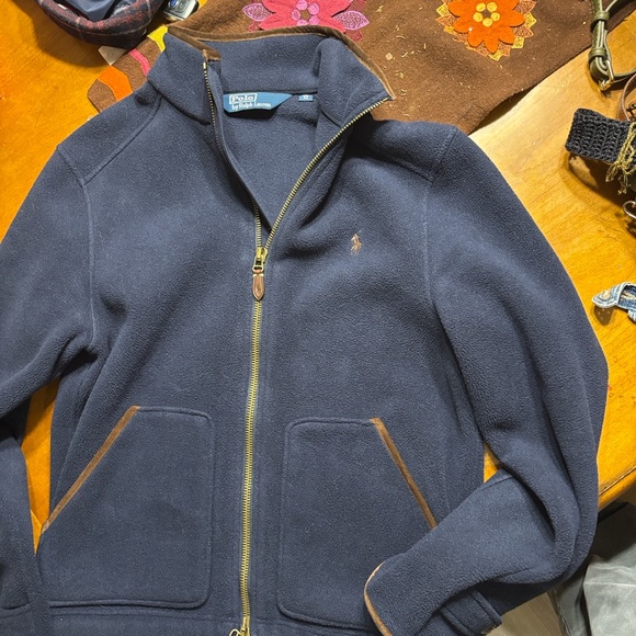 Polo by Ralph Lauren Fleece Navy Jacket with Brown Trim - Picture 4 of 11